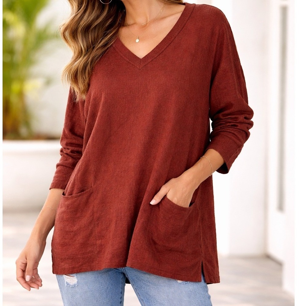 Altar'd State Cozy Rust Brown V-Neck Knit Sweater‎ Women's M/L